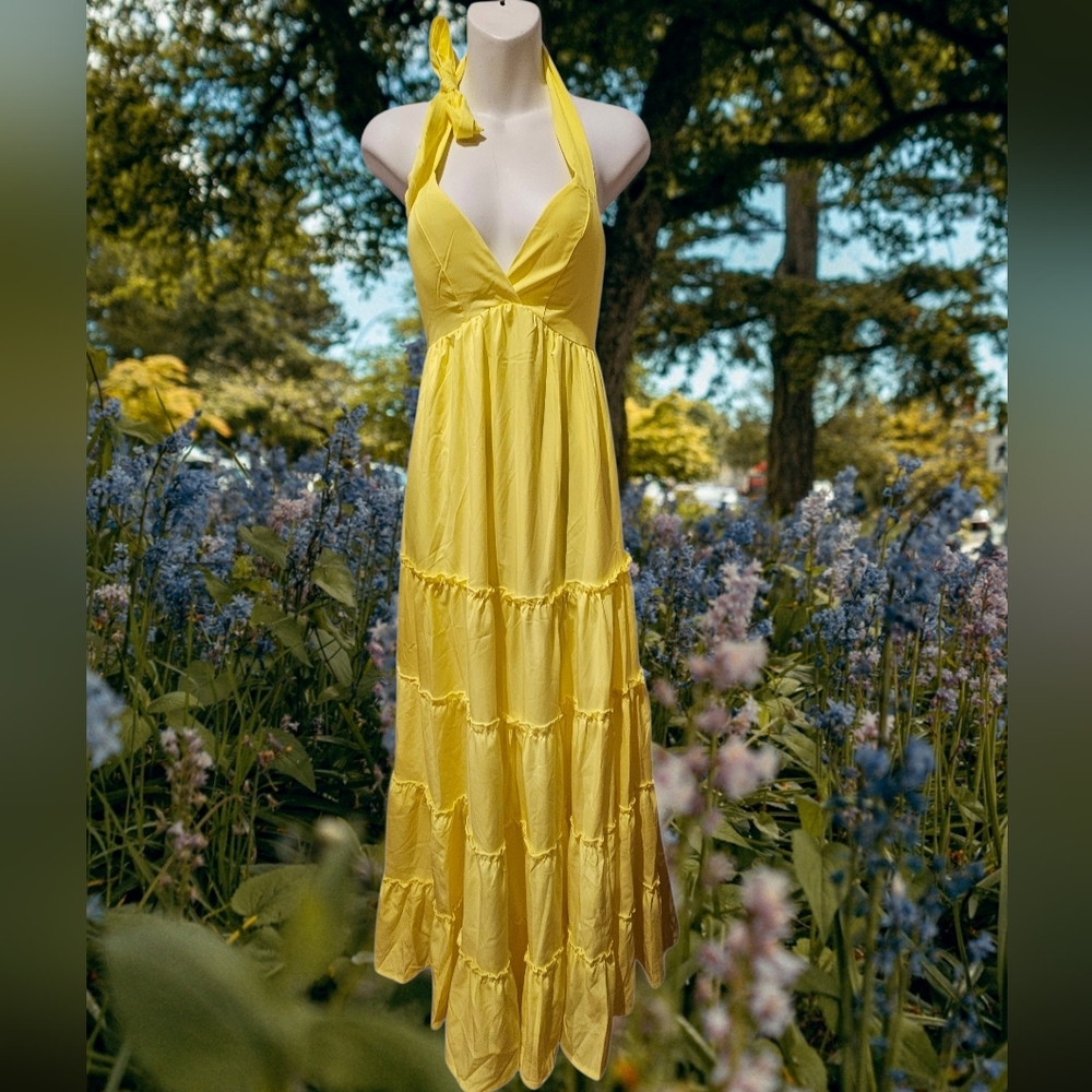 Yellow Halter Maxi Dress open back Sz.S/M